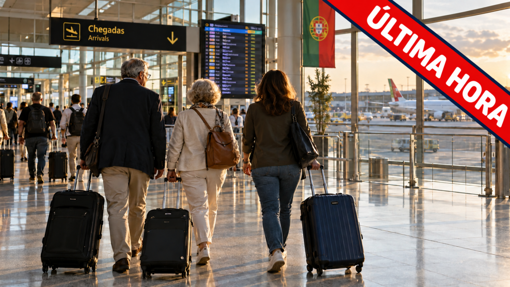 Pessoas com malas de viagem num aeroporto, ilustrando o regresso dos emigrantes portugueses a Portugal.