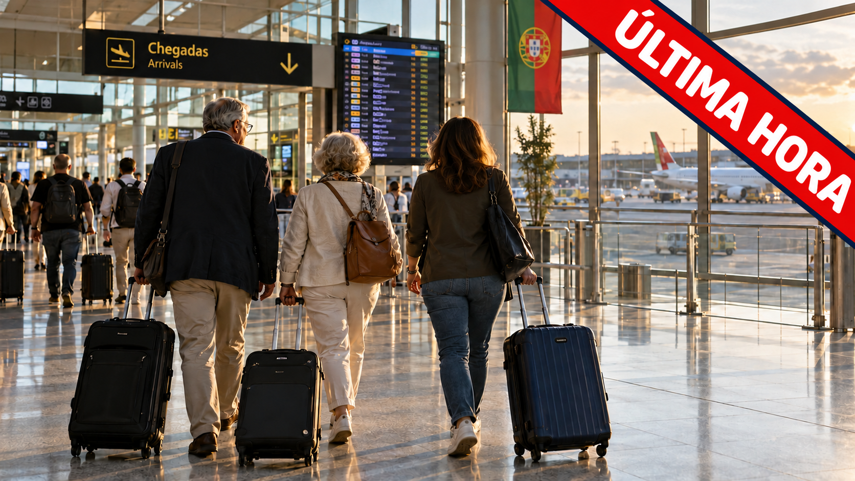 Pessoas com malas de viagem num aeroporto, ilustrando o regresso dos emigrantes portugueses a Portugal.